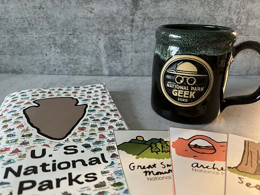 National Park Geek 2020 shown on mug along with a National Park journal from Memorable Journals