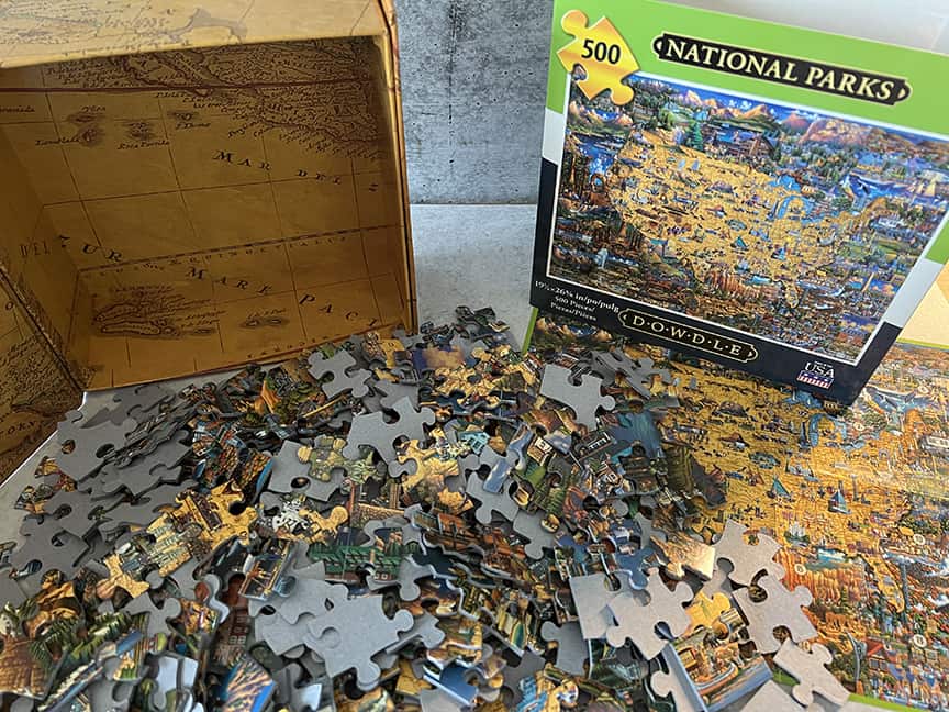 Dowdle National Park puzzle shown with pieces out of box