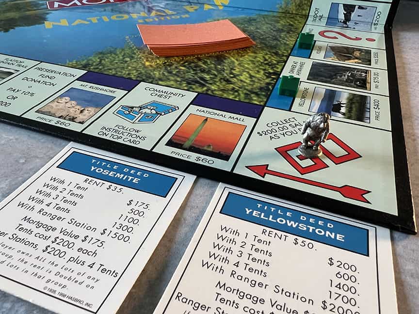 Corner of my old National Parks Monopoly showing the "properties" of Yellowstone and Yosemite
