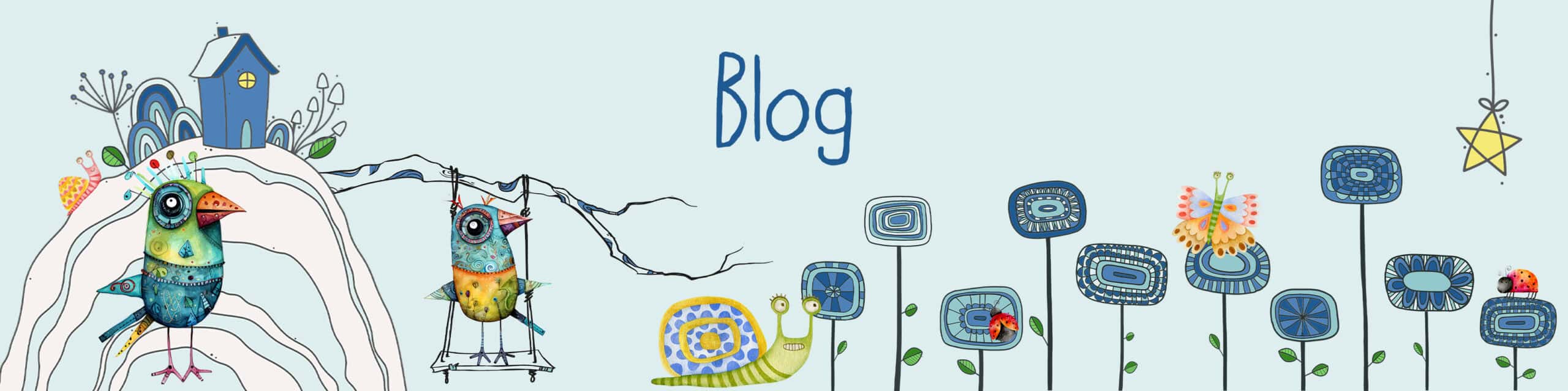 banner decorated with whimsical flowers and other elements with the title: blog