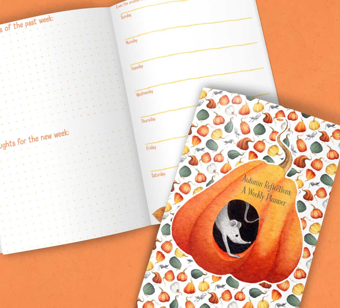 a mockup showing a closed calendar on top of an open one. The cover shows a whimsical scattered pattern of gourds of varying fall colors and rats covered with a large main image of an orange gourd with a rat inside peering out. The title on the main gourd image says: Autumn Reflections: A Weekly Planner. The open calendar says Reflections of the past week and Thoughts for the new week on the left side. On the right side shows the days of the week on a vertical format with a quote on top. Only part of the quote peeks out from the closed calendar which says Even the smallest... On the bottom of that page a leaf peaks out.