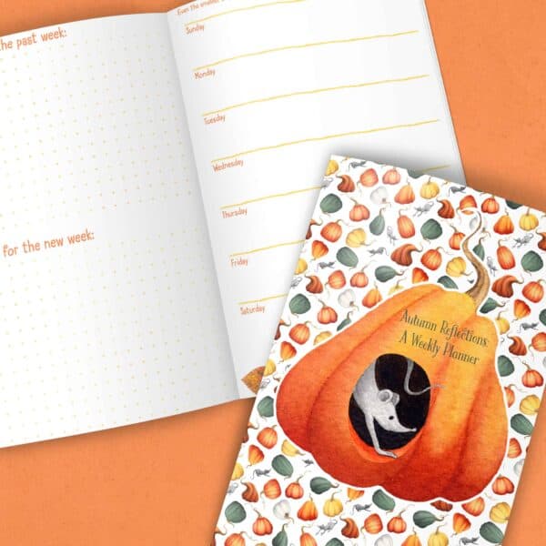 a mockup showing a closed calendar on top of an open one. The cover shows a whimsical scattered pattern of gourds of varying fall colors and rats covered with a large main image of an orange gourd with a rat inside peering out. The title on the main gourd image says: Autumn Reflections: A Weekly Planner. The open calendar says Reflections of the past week and Thoughts for the new week on the left side. On the right side shows the days of the week on a vertical format with a quote on top. Only part of the quote peeks out from the closed calendar which says Even the smallest... On the bottom of that page a leaf peaks out.