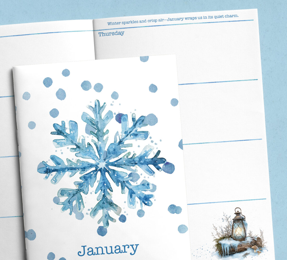 Shown is a mockup of a weekly January calendar opened with a cover on top of the opened calendar. On the cover is a giant snowflake.