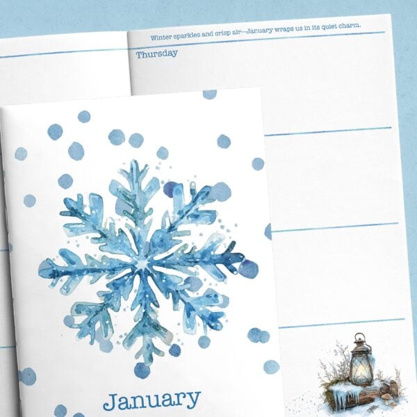 Shown is a mockup of a weekly January calendar opened with a cover on top of the opened calendar. On the cover is a giant snowflake.