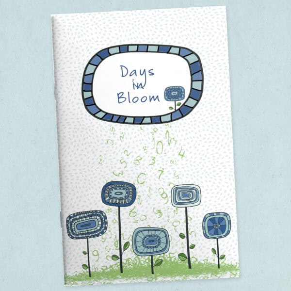 Days in Bloom printable calendar journal cover featuring whimsical blue flowers and green numbers falling from above creating the grass below