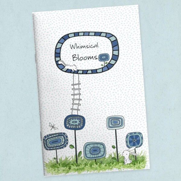 Whimsical floral printable journal cover featuring hand-drawn flowers in turquoise, blue, and green tones with the title Whimsical Blooms.