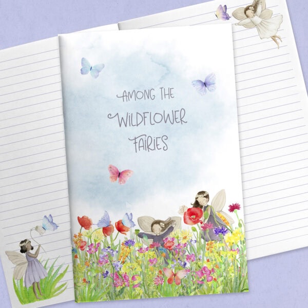 Wildflower-themed printable journal cover with soft floral illustration and whimsical title Among the Wildflower Fairies