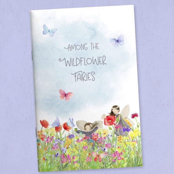 Wildflower-themed printable journal cover with soft floral illustration and whimsical title Among the Wildflower Fairies