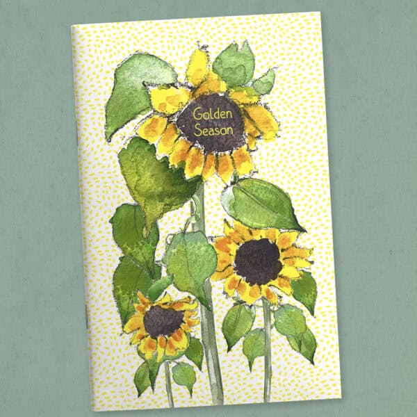 Printable sunflower journal cover from the Golden Season journal set by Memorable Journals featuring warm golden sunflowers and a whimsical journaling theme.