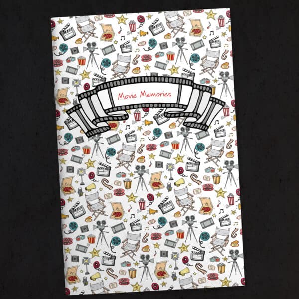 Cover of the Movie Memories printable journal set featuring whimsical movie-themed illustrations including popcorn, film reels, movie tickets, stars, and a director's chair.