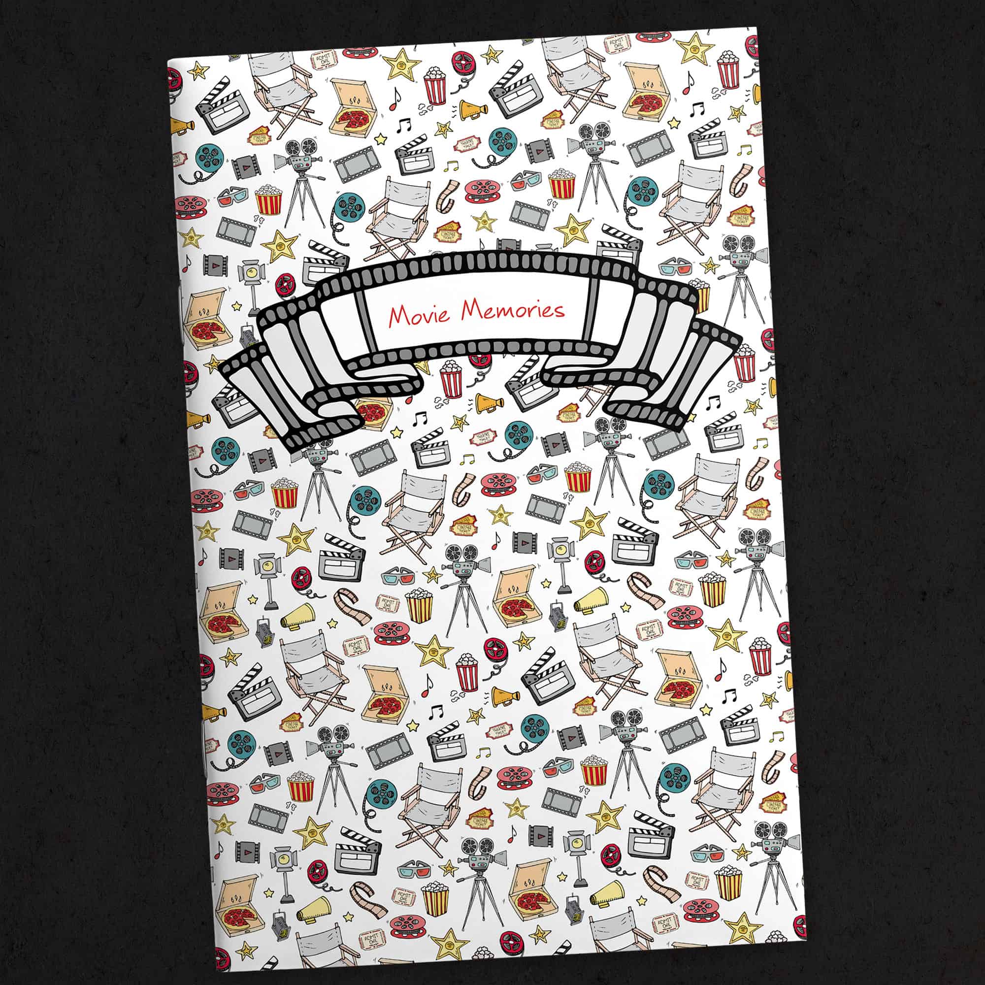 Cover of the Movie Memories printable journal set featuring whimsical movie-themed illustrations including popcorn, film reels, movie tickets, stars, and a director's chair.