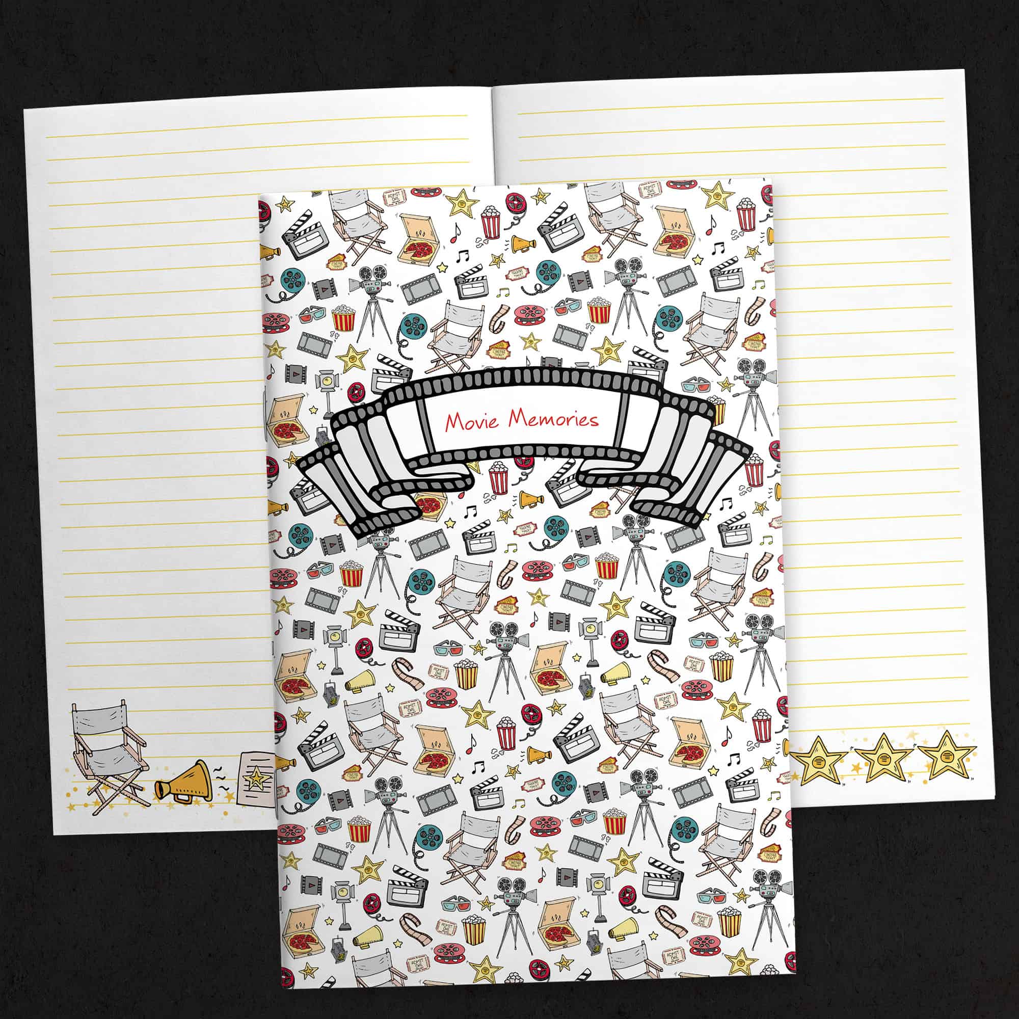 Movie Memories journal shown assembled with the cover and open pages, demonstrating the finished printable journal.