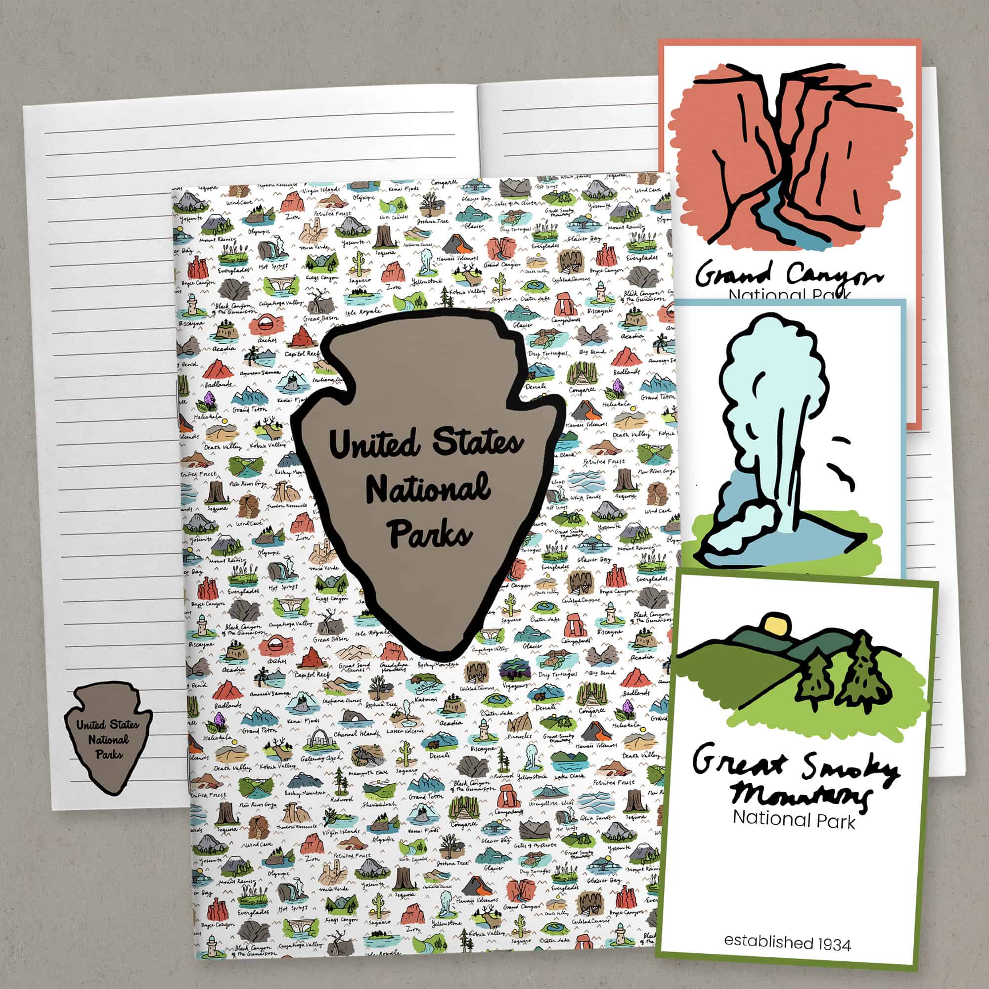 Open National Parks journal with cover, sample pages and National Park cards displayed alongside.