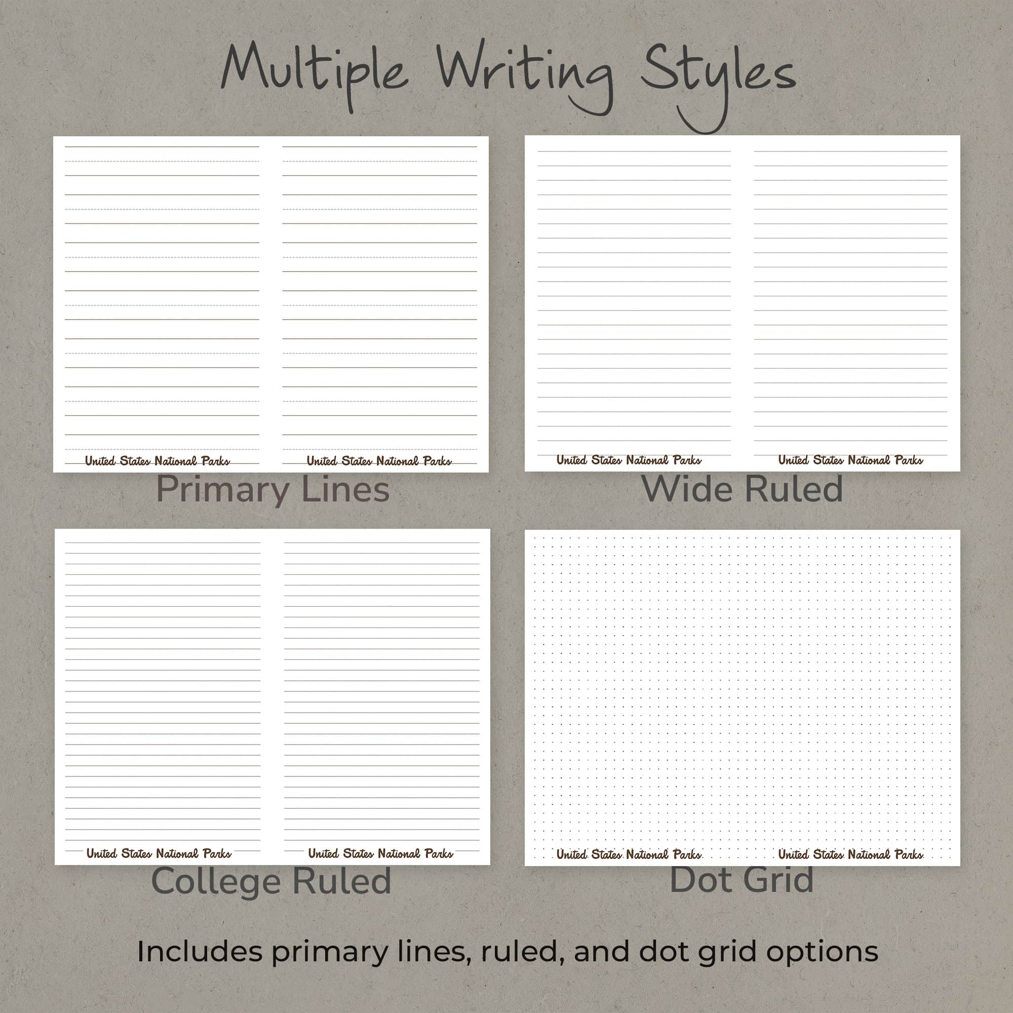 Four writing styles included in the National Parks journal set: primary lines, wide lines, college ruled, and dot grid.
