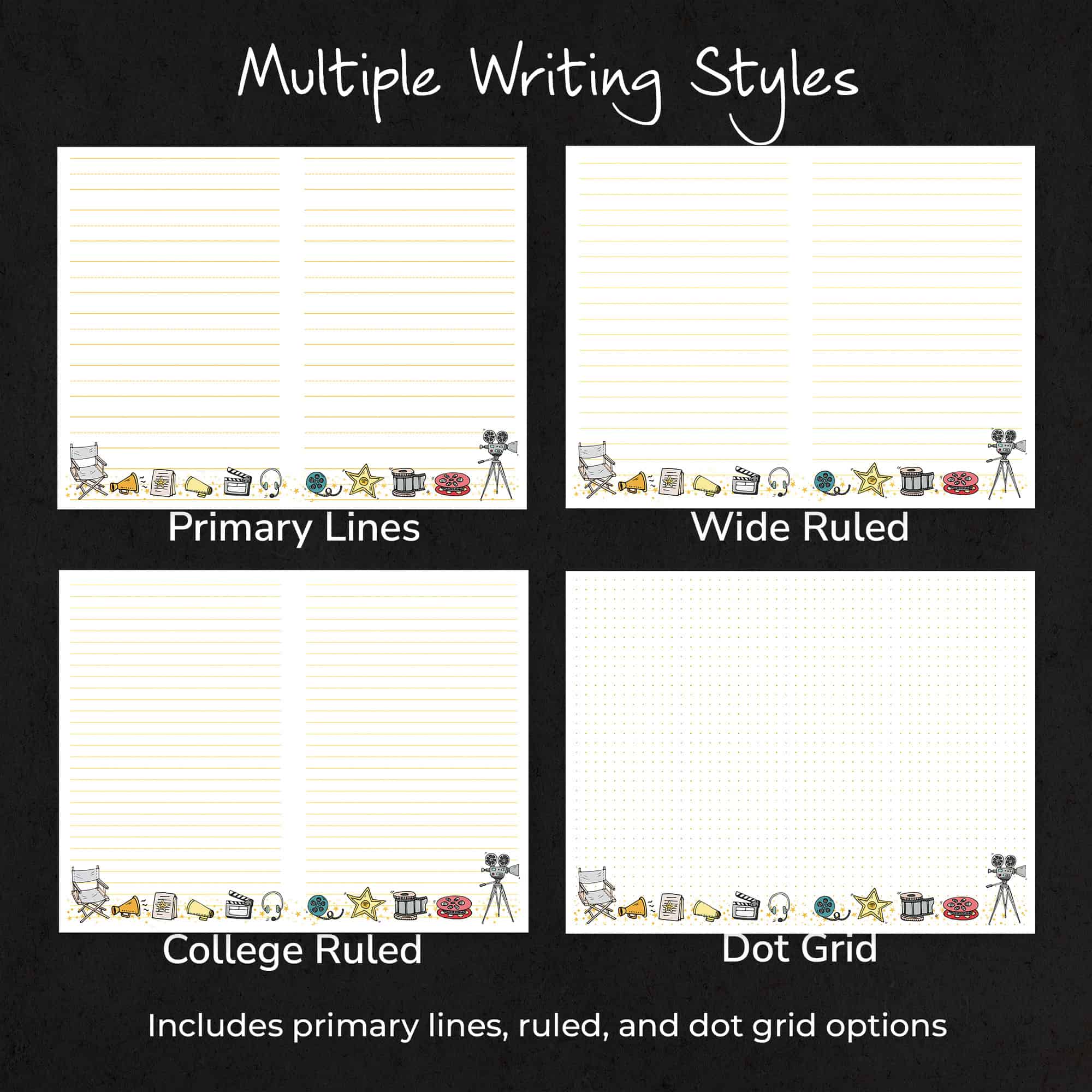 Movie Memories journal displayed with four writing style options including primary lines, wide ruled, college ruled, and dot grid.