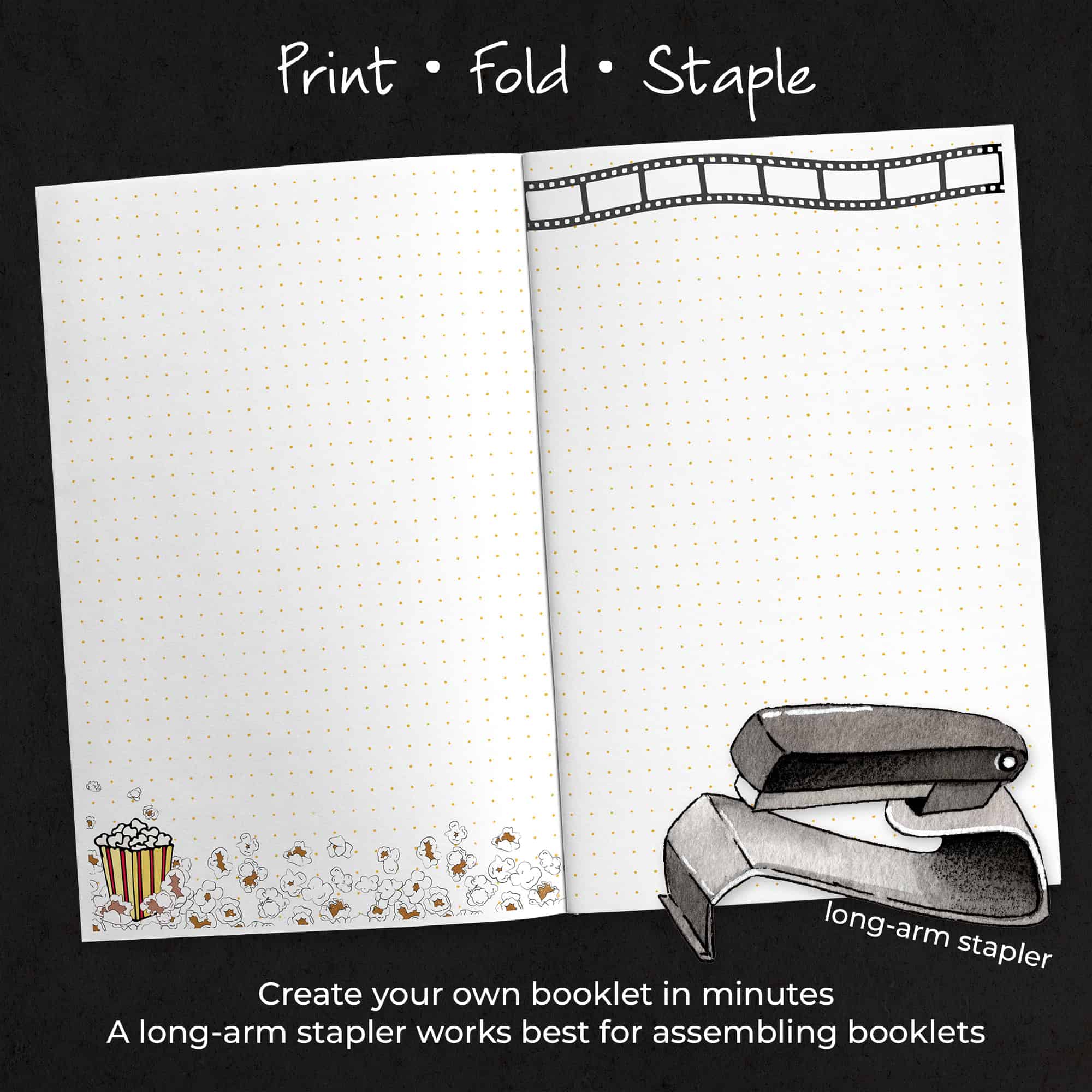 Open Movie Memories journal with a long-arm stapler illustrating the simple fold-and-staple journal assembly process.