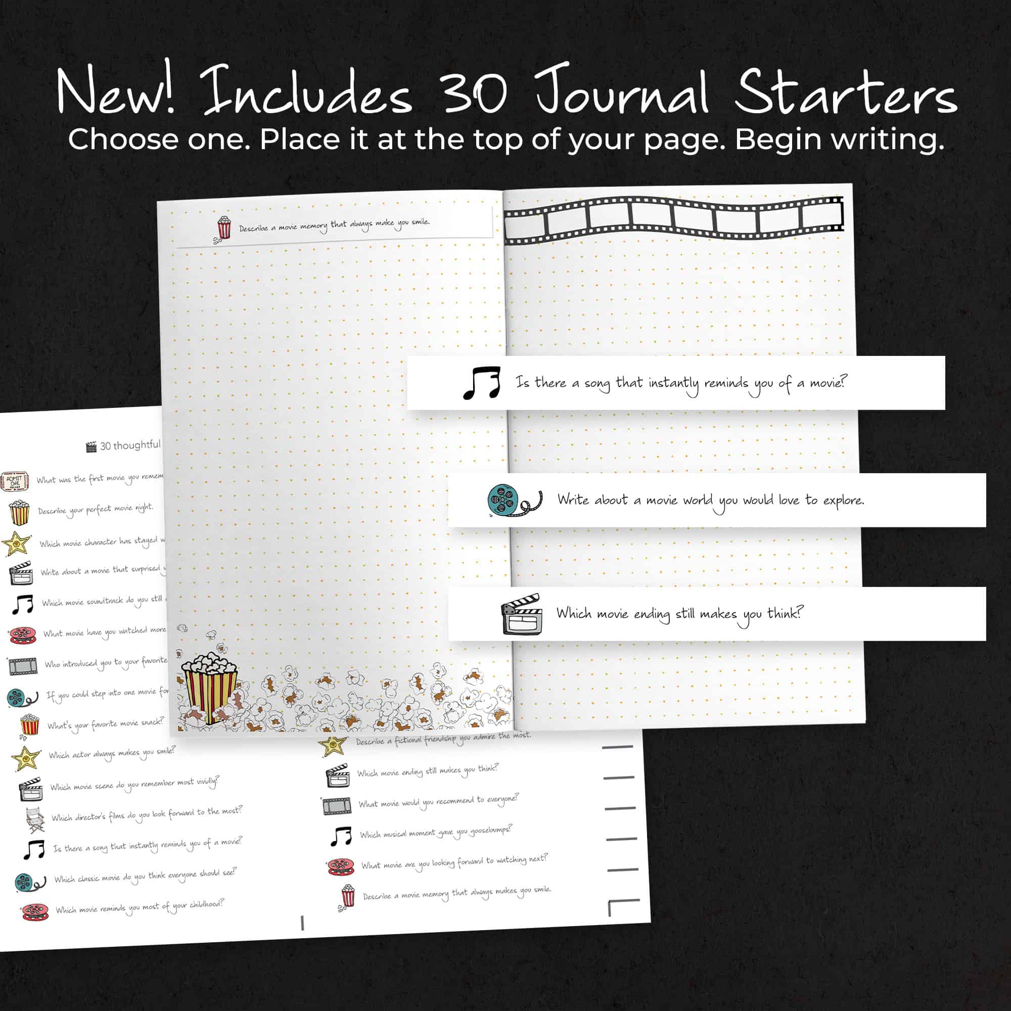 Movie Memories journal displayed with printable Journal Starters that can be placed at the top of journal pages to inspire writing.