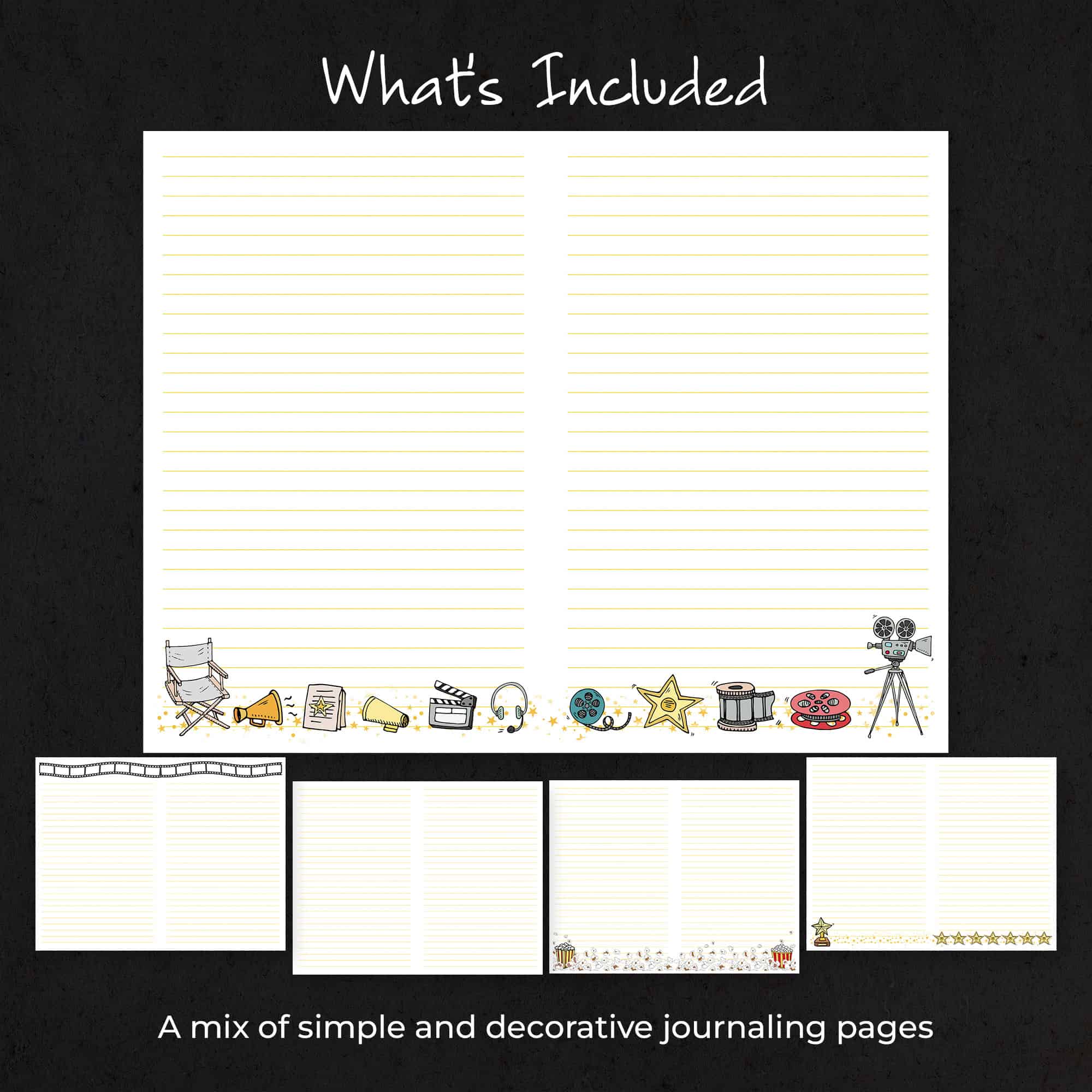Five coordinating Movie Memories journal page designs featuring whimsical movie-themed illustrations and decorative writing pages.
