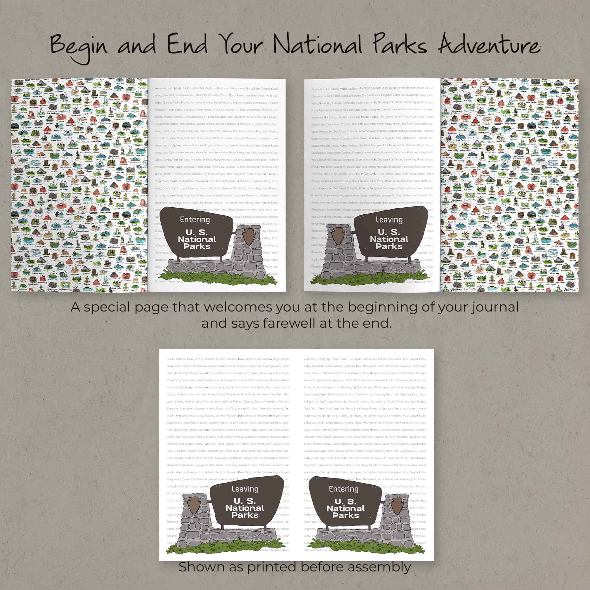 Special journey page featuring Entering U.S. National Parks and Leaving U.S. National Parks for the beginning and end of the journal.