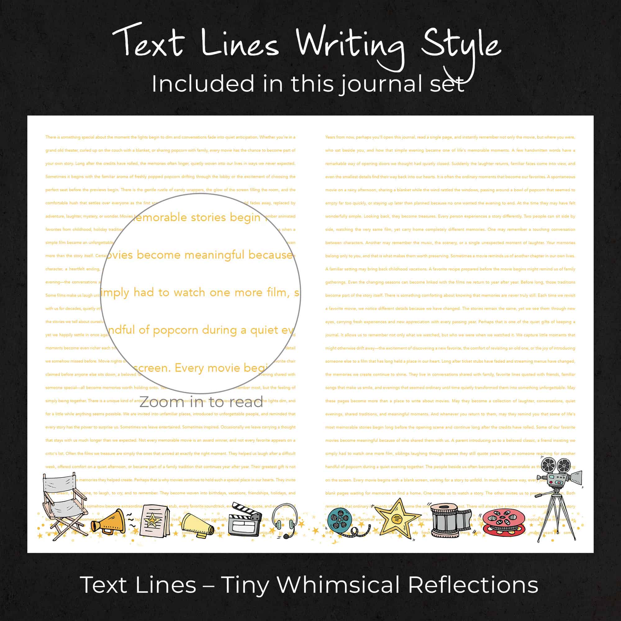 Movie Memories flowing text writing pages featuring beautifully written text that forms elegant journaling lines inspired by memorable movie experiences.