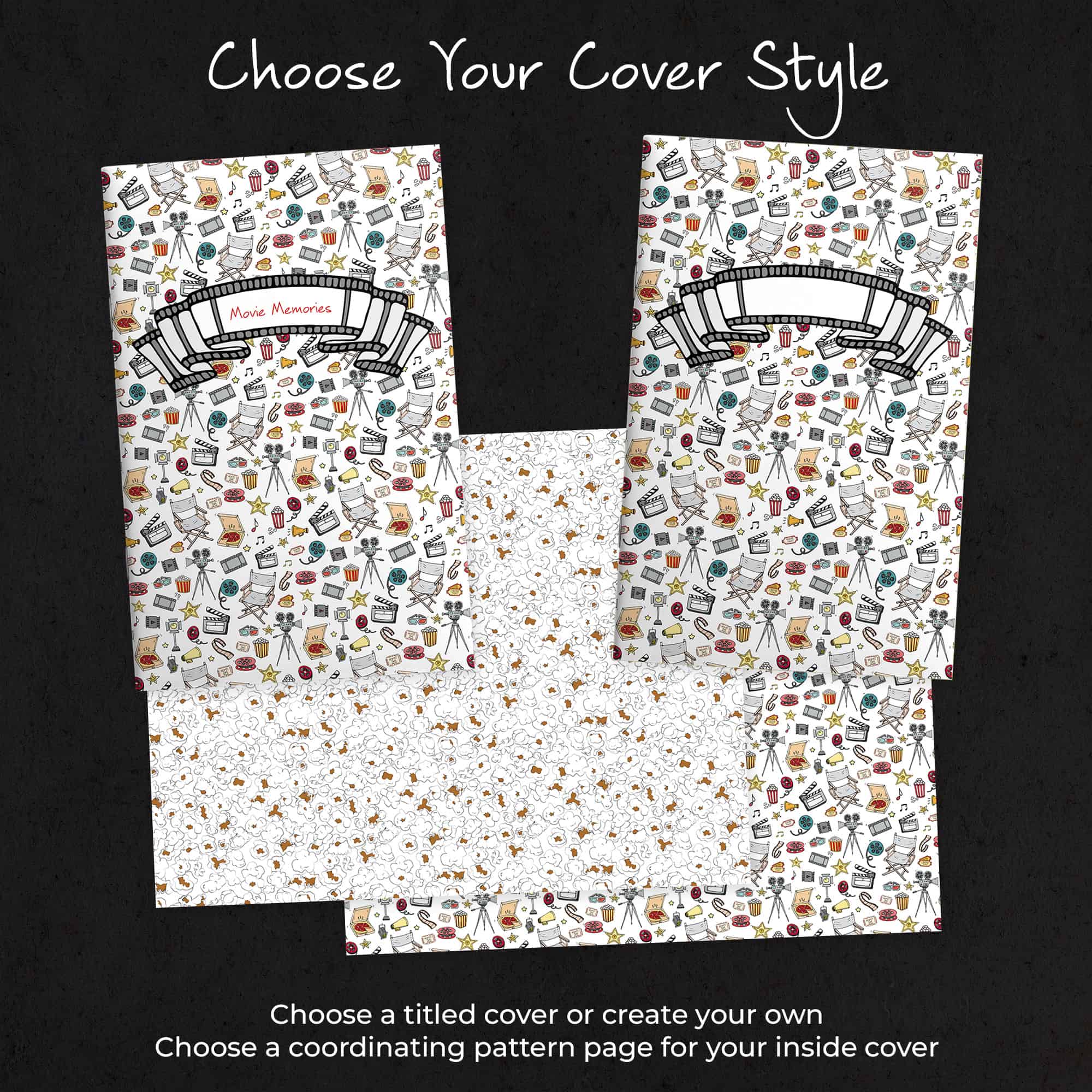 Two Movie Memories cover options and two coordinating pattern pages for creating a personalized printable journal.