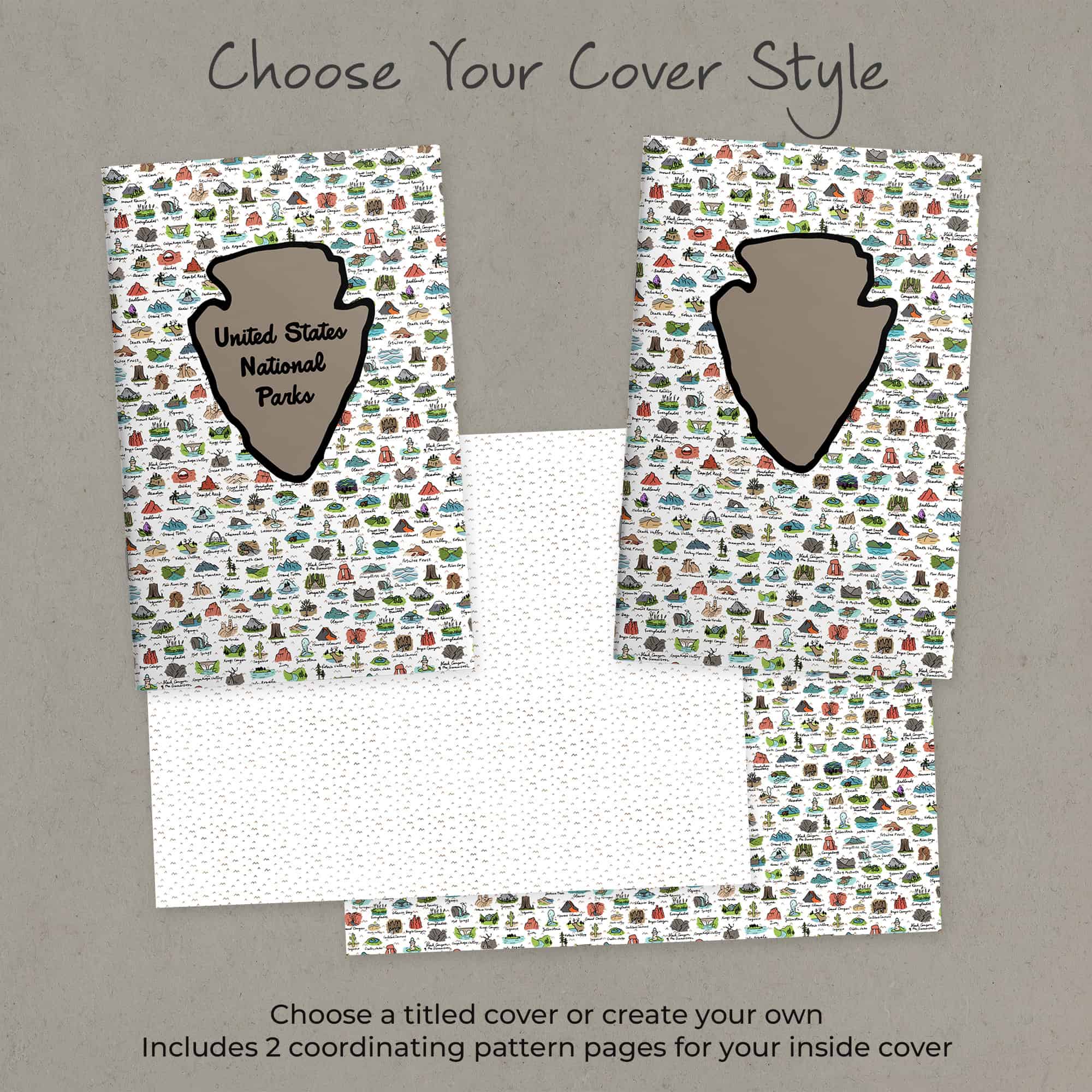 Two National Parks journal cover options and two coordinating pattern pages to customize your journal.