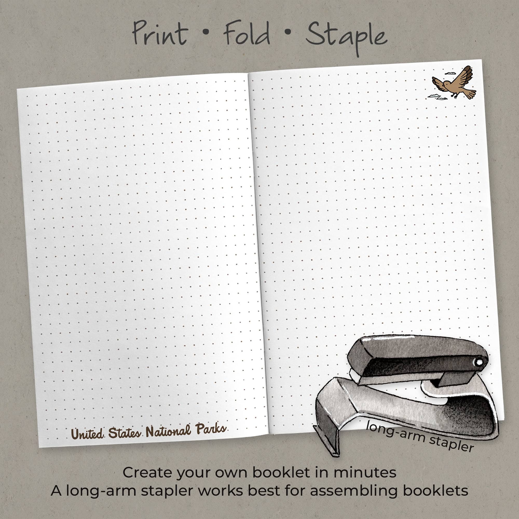 National Parks journal assembled using a long-arm stapler after printing and folding the pages.